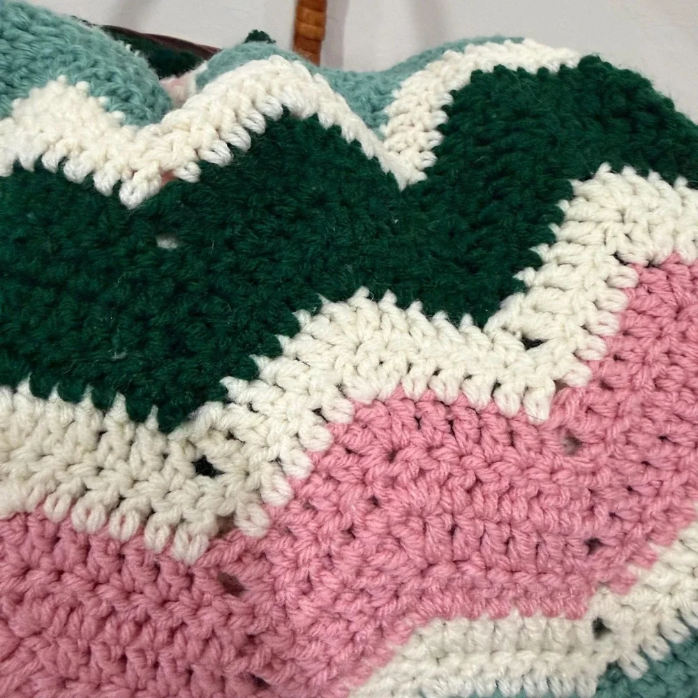 Hand Crocheted Vintage Chevron Afghan Blanket Green Pink‎ Cream Striped Throw
